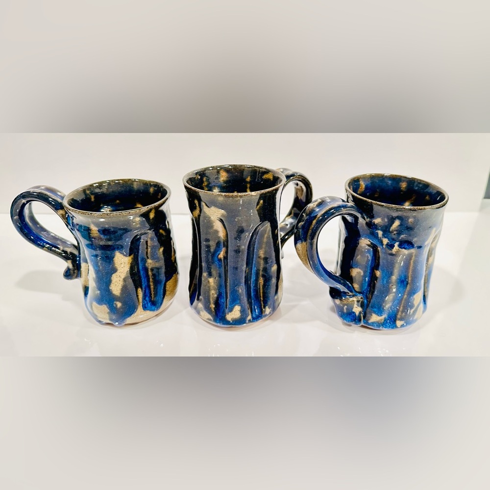 Set Of 3 - Hand Made Ceramic Coffee Mug Tea Cup Blue Black. READ
